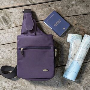 Travelon Crossbody New no tag- Classic Purple Functional Purse 9"X 8"